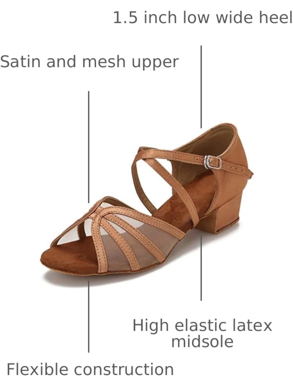 Tan Low Heel Dance Sandals with Ankle Strap - Picture 3 of 6